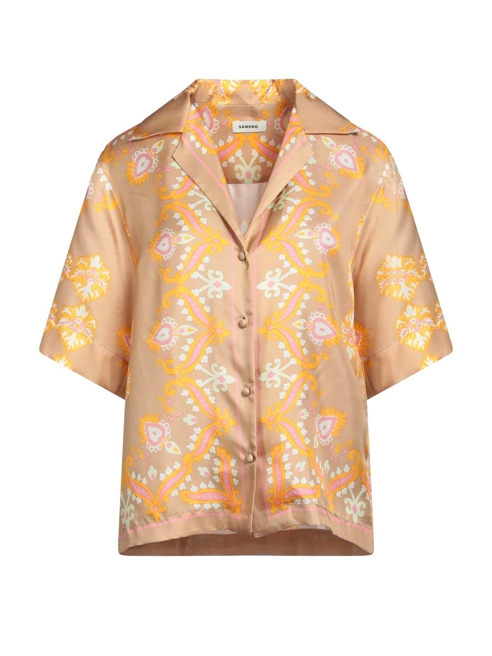 Sandro Peach Printed Short-Sleeve 100 % Silk Shirt